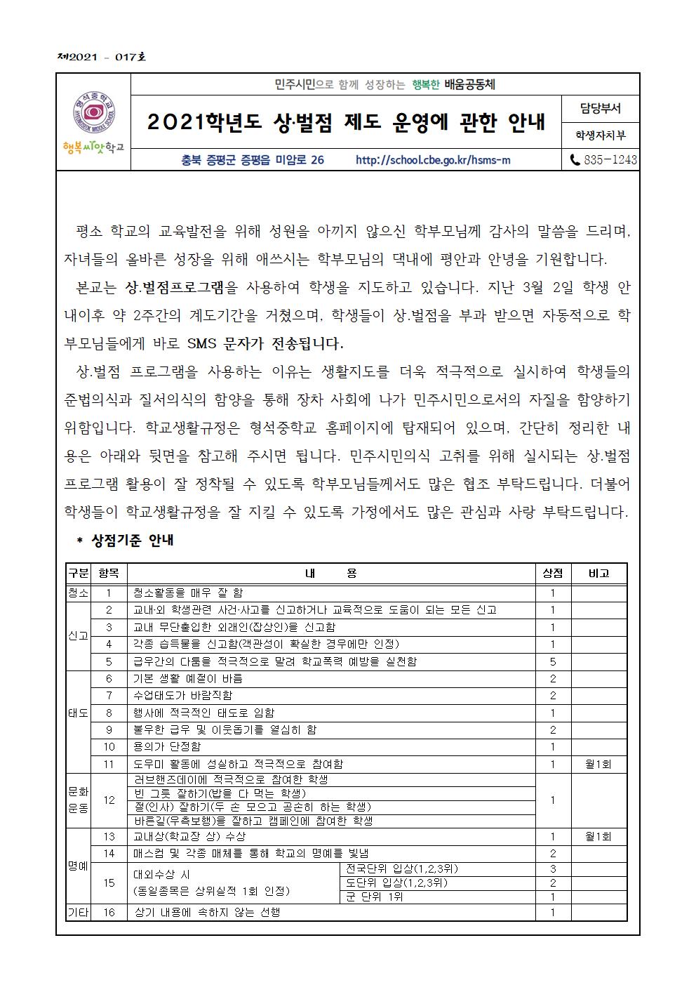 2021학년도 상벌점 제도 운영에 관한 안내 가정통신문001