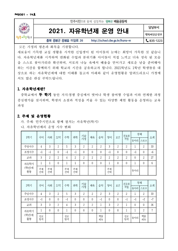 2021. 자유학년제 운영 안내(가정통신문)_1