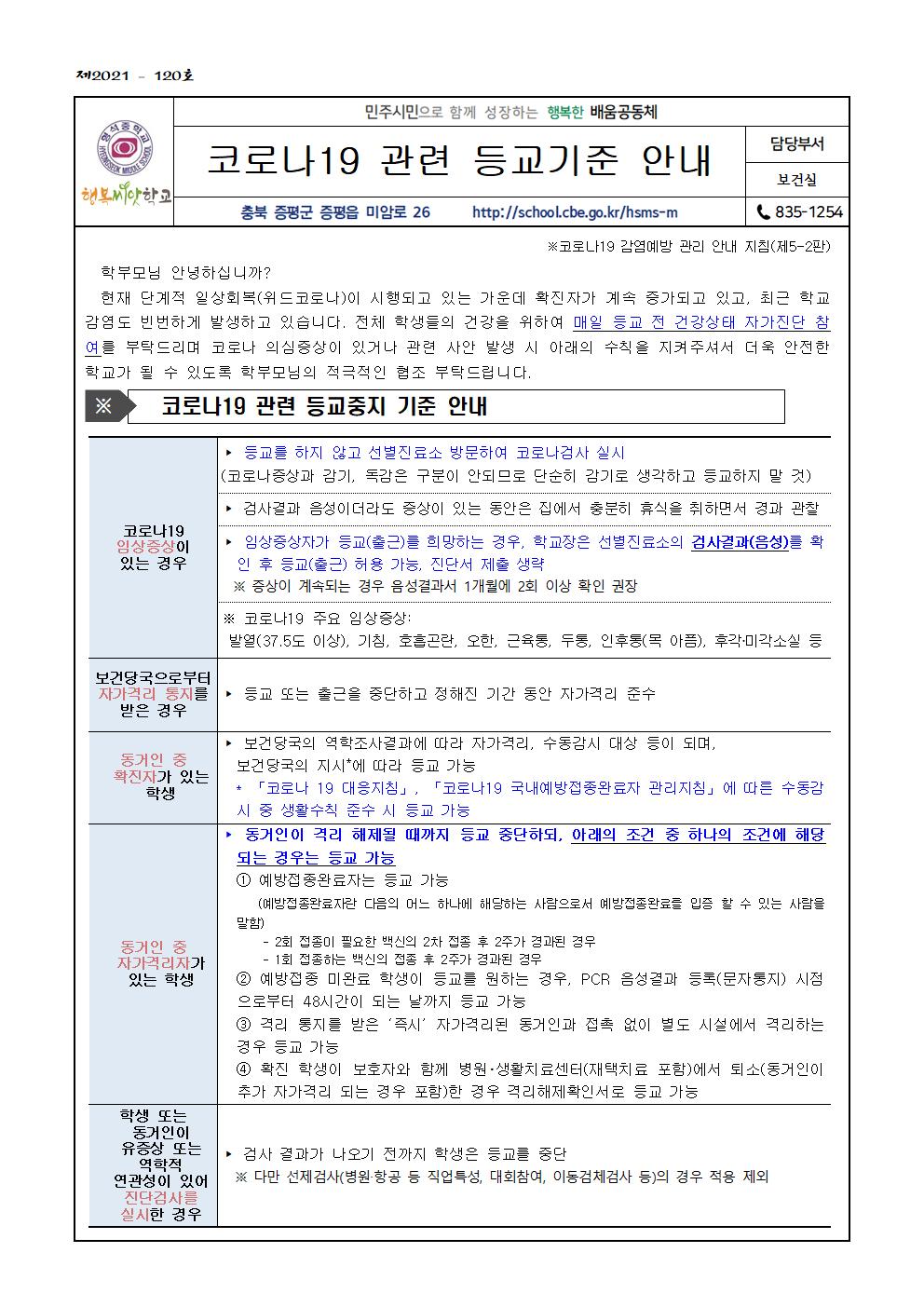 코로나19 관련 등교기준 안내(가정통신문)001