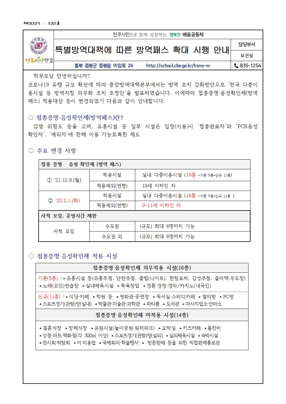 특별방역대책에 따른 방역패스 확대 시행 안내(가정통신문)001