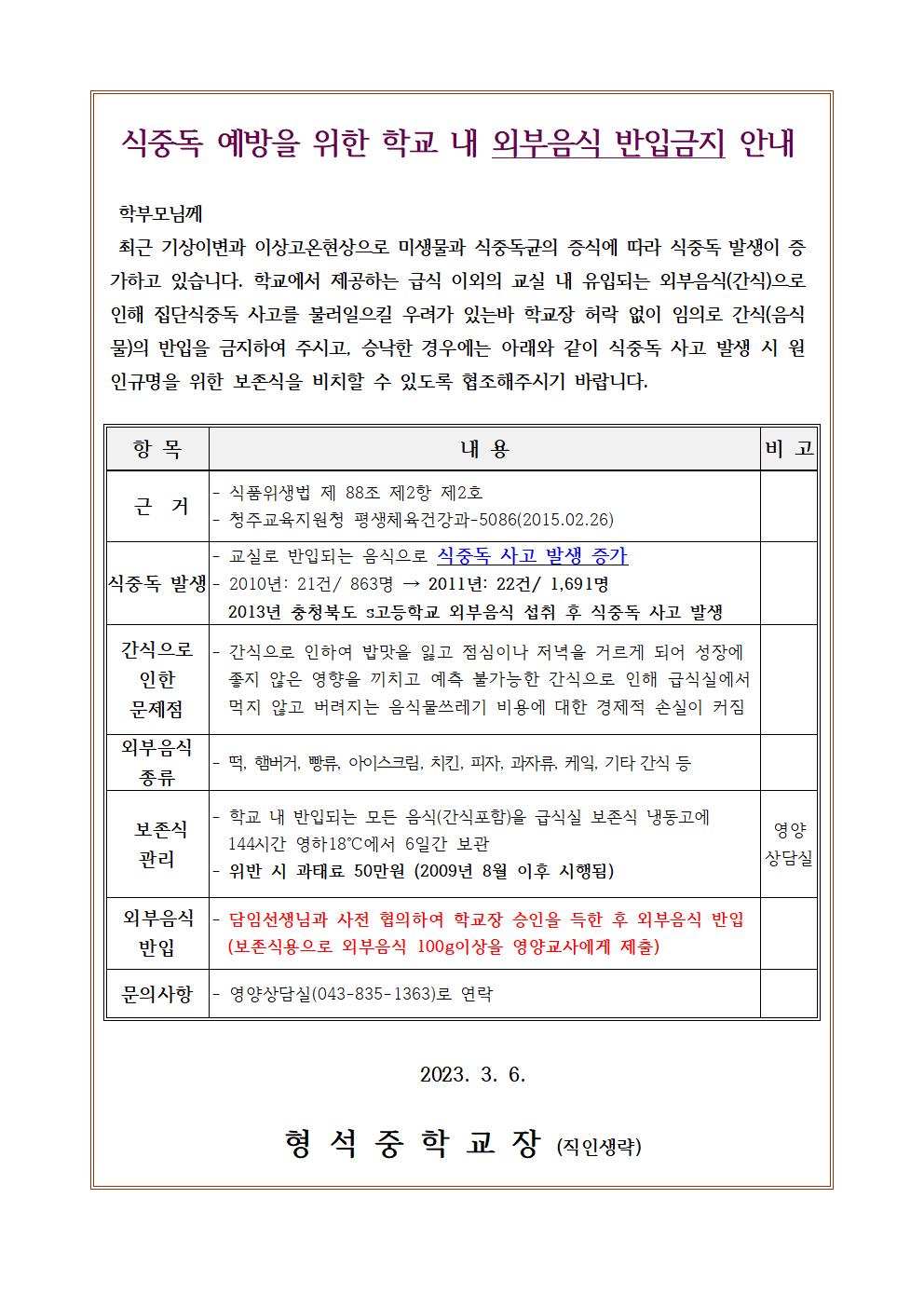 식중독 예방을 위한 학교 내 외부음식 반입금지 안내001