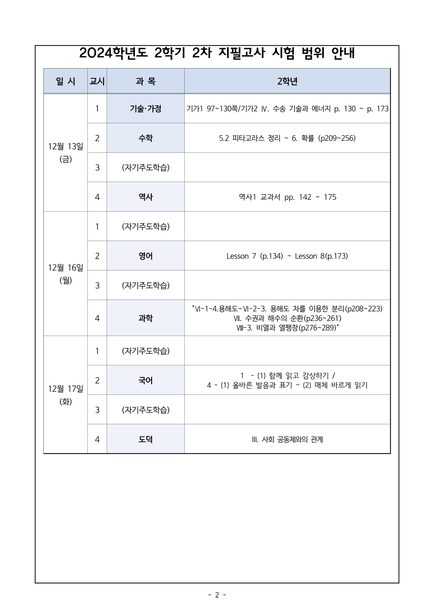 2024. 2학기 2차 지필고사 일정 및 시험 범위 안내 가정통신문_2